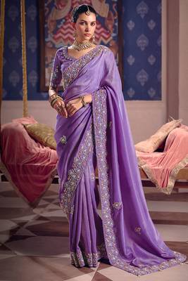 Lavender viscose zari tissue silk heavy embroidery, beads with sequince work saree with blouse 1