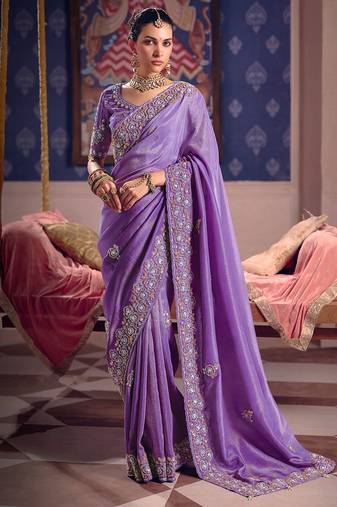Lavender viscose zari tissue silk heavy embroidery, beads with sequince work saree with blouse