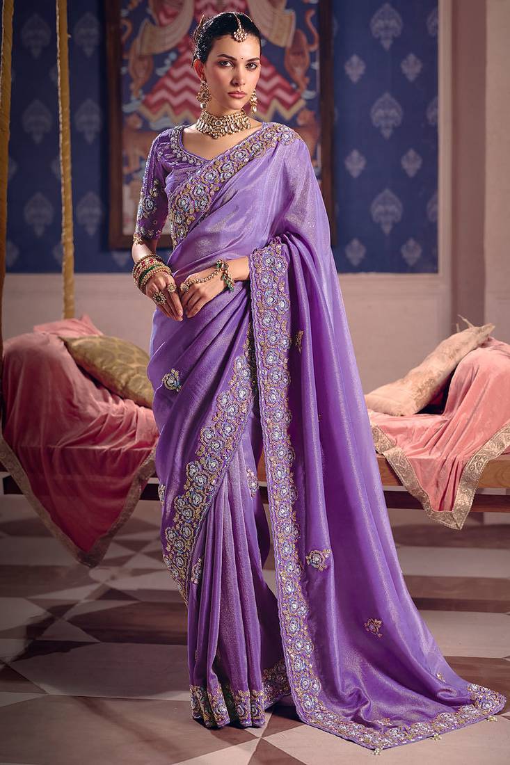 Lavender viscose zari tissue silk heavy embroidery, beads with sequince work saree with blouse