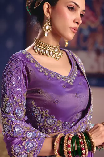 Lavender viscose zari tissue silk heavy embroidery, beads with sequince work saree with blouse