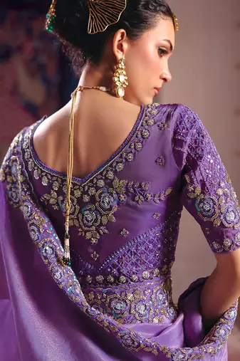 Lavender viscose zari tissue silk heavy embroidery, beads with sequince work saree with blouse