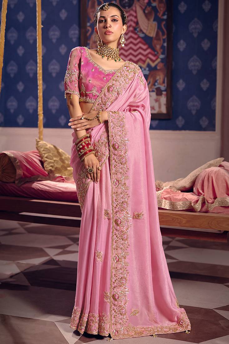 Pink viscose zari tissue silk heavy embroidery, beads with sequince work saree with blouse