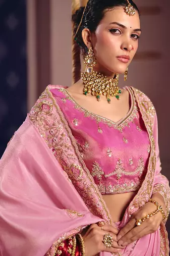 Pink viscose zari tissue silk heavy embroidery, beads with sequince work saree with blouse