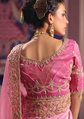 Pink viscose zari tissue silk heavy embroidery, beads with sequince work saree with blouse 3
