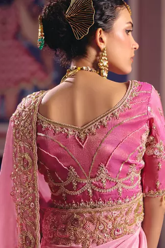 Pink viscose zari tissue silk heavy embroidery, beads with sequince work saree with blouse