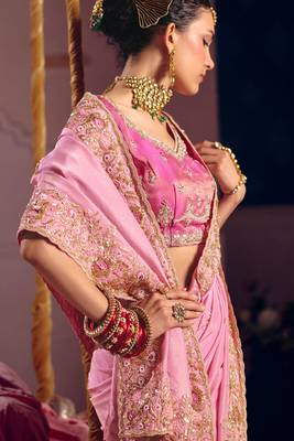 Pink viscose zari tissue silk heavy embroidery, beads with sequince work saree with blouse 4