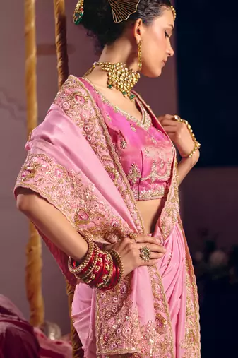 Pink viscose zari tissue silk heavy embroidery, beads with sequince work saree with blouse