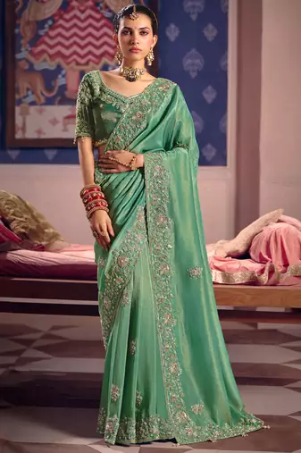 Sea green viscose zari tissue silk heavy embroidery, beads with sequince work saree with blouse