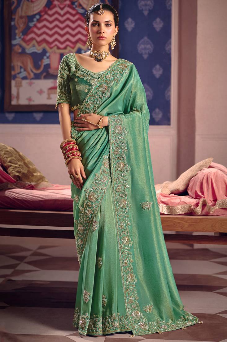 Sea green viscose zari tissue silk heavy embroidery, beads with sequince work saree with blouse