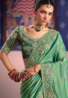 Sea green viscose zari tissue silk heavy embroidery, beads with sequince work saree with blouse 2