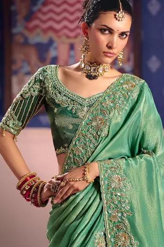 Sea green viscose zari tissue silk heavy embroidery, beads with sequince work saree with blouse