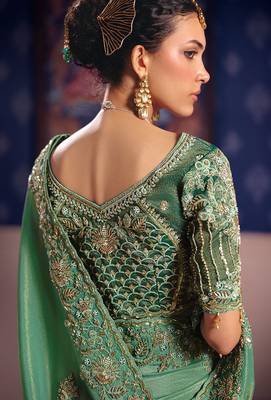 Sea green viscose zari tissue silk heavy embroidery, beads with sequince work saree with blouse 3