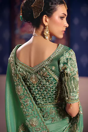 Sea green viscose zari tissue silk heavy embroidery, beads with sequince work saree with blouse