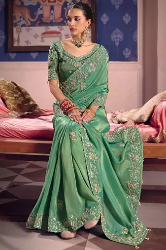 Sea green viscose zari tissue silk heavy embroidery, beads with sequince work saree with blouse