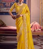 Yellow viscose zari tissue silk heavy embroidery, beads with sequince work saree with blouse