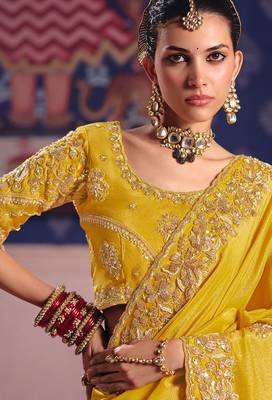 Yellow viscose zari tissue silk heavy embroidery, beads with sequince work saree with blouse 2