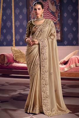 Beige viscose zari tissue silk heavy embroidery, beads with sequince work saree with blouse 1