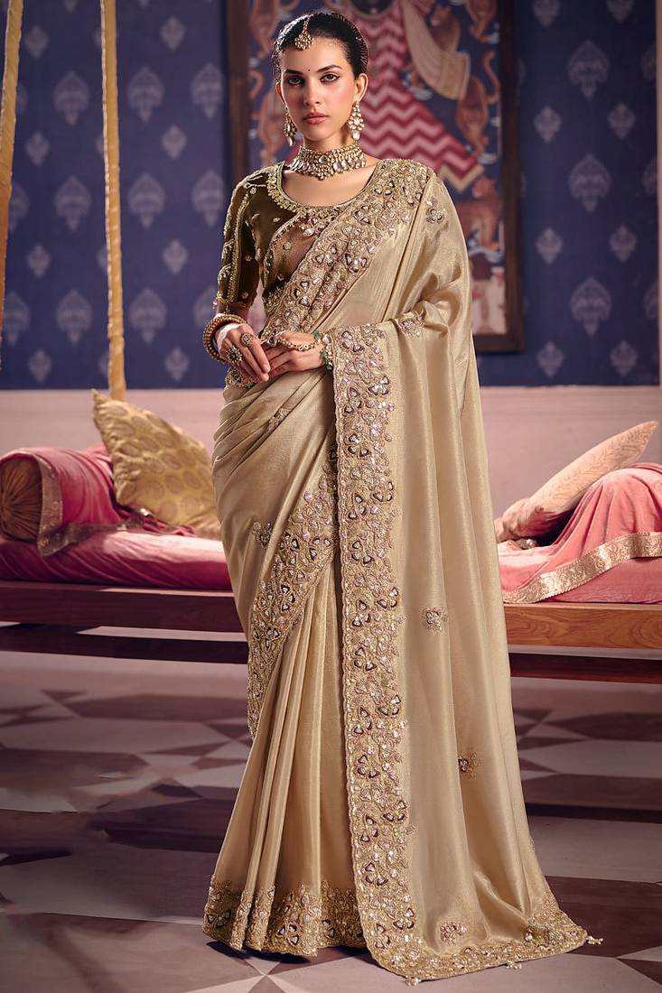 Beige viscose zari tissue silk heavy embroidery, beads with sequince work saree with blouse