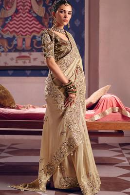 Beige viscose zari tissue silk heavy embroidery, beads with sequince work saree with blouse 2