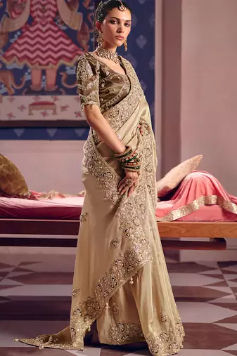 Beige viscose zari tissue silk heavy embroidery, beads with sequince work saree with blouse