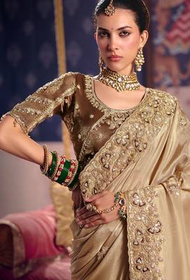 Beige viscose zari tissue silk heavy embroidery, beads with sequince work saree with blouse 3