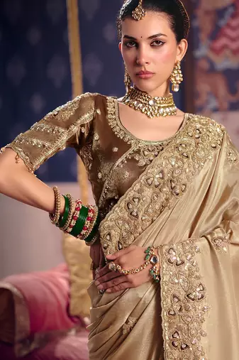 Beige viscose zari tissue silk heavy embroidery, beads with sequince work saree with blouse