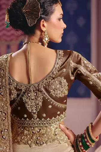 Beige viscose zari tissue silk heavy embroidery, beads with sequince work saree with blouse