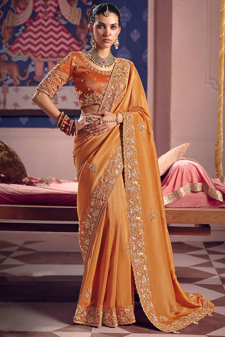 Orange viscose zari tissue silk heavy embroidery, beads with sequince work saree with blouse