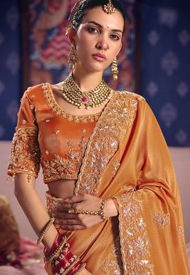 Orange viscose zari tissue silk heavy embroidery, beads with sequince work saree with blouse 2