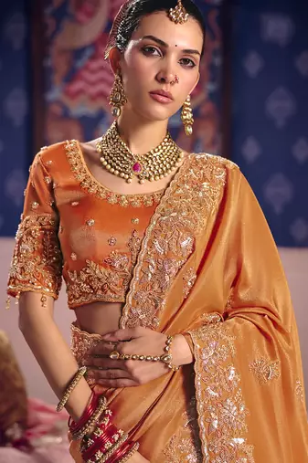 Orange viscose zari tissue silk heavy embroidery, beads with sequince work saree with blouse