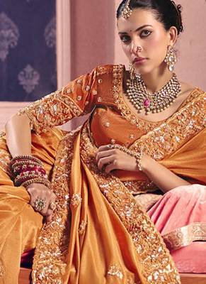 Orange viscose zari tissue silk heavy embroidery, beads with sequince work saree with blouse 4