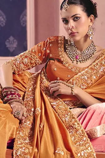 Orange viscose zari tissue silk heavy embroidery, beads with sequince work saree with blouse
