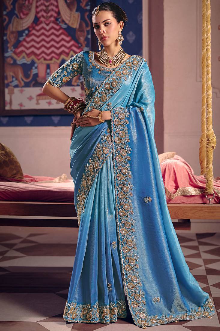 Sky blue viscose zari tissue silk heavy embroidery, beads with sequince work saree with blouse
