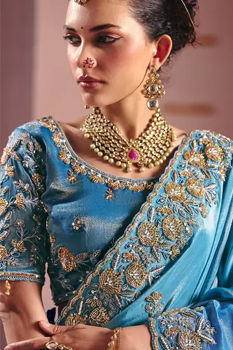 Sky blue viscose zari tissue silk heavy embroidery, beads with sequince work saree with blouse