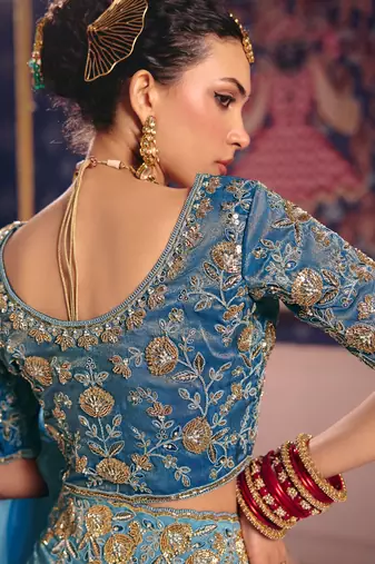 Sky blue viscose zari tissue silk heavy embroidery, beads with sequince work saree with blouse
