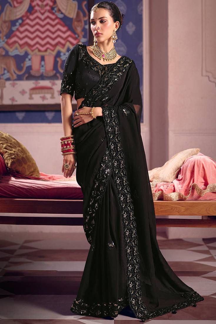 Black viscose zari tissue silk heavy embroidery, beads with sequince work saree with blouse