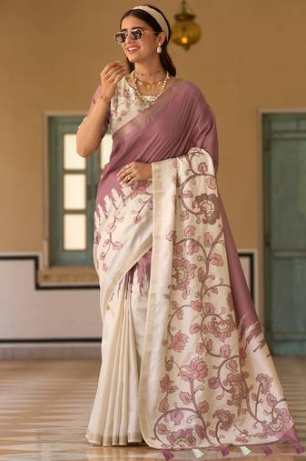 Mauve & cream pure tussar silk printed saree with blouse