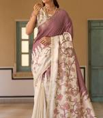 Mauve & cream pure tussar silk printed saree with blouse