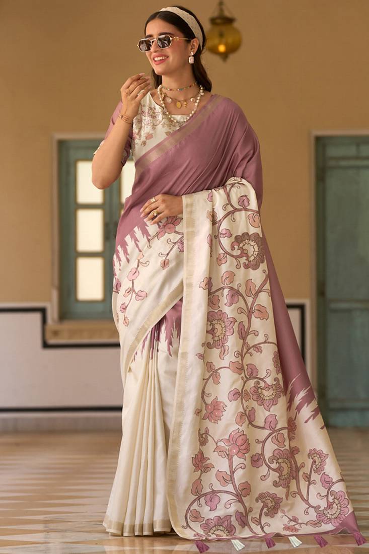 Mauve & cream pure tussar silk printed saree with blouse