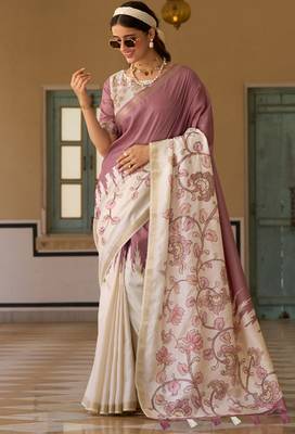 mauve & cream pure tussar silk blend printed saree with blouse 2