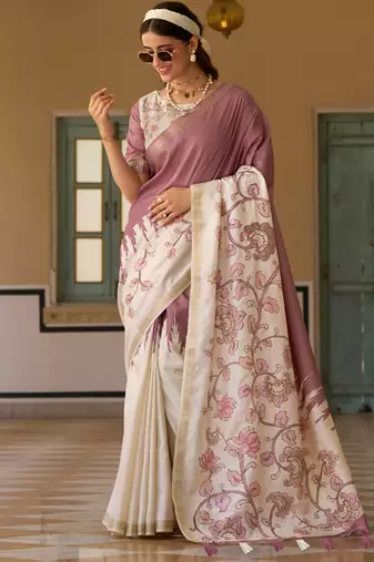 mauve & cream pure tussar silk blend printed saree with blouse