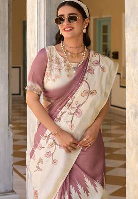 mauve & cream pure tussar silk blend printed saree with blouse 3