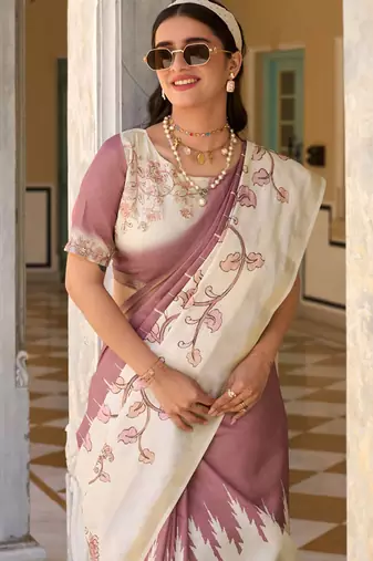 mauve & cream pure tussar silk blend printed saree with blouse