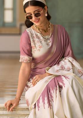 mauve & cream pure tussar silk blend printed saree with blouse 4