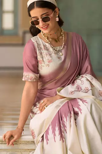 mauve & cream pure tussar silk blend printed saree with blouse