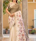 Brown & cream pure tussar silk printed saree with blouse