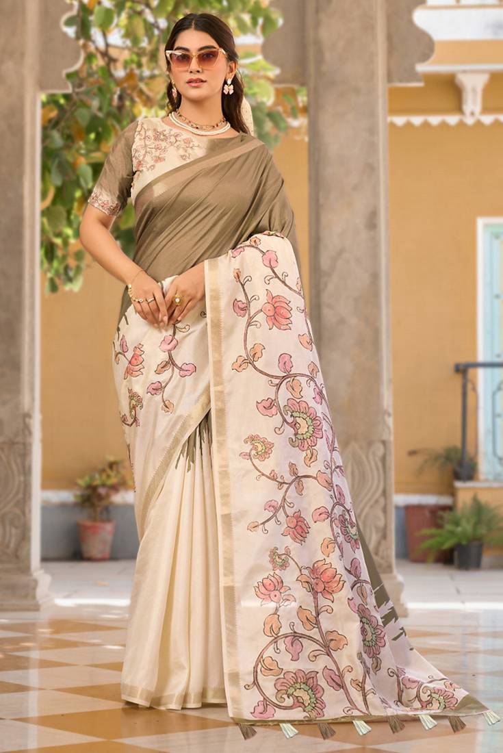 Brown & cream pure tussar silk printed saree with blouse