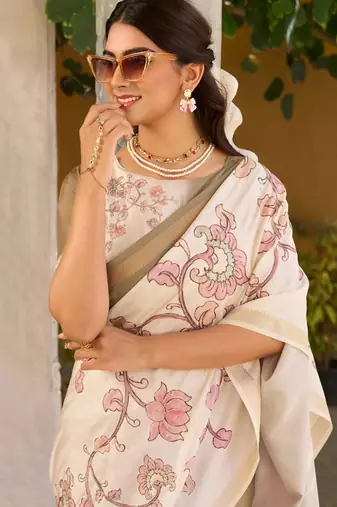 brown & cream pure tussar silk blend printed saree with blouse