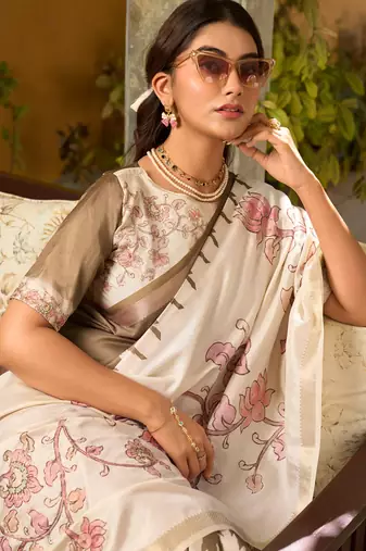 brown & cream pure tussar silk blend printed saree with blouse