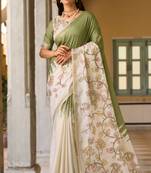pista green & cream pure tussar silk blend printed saree with blouse